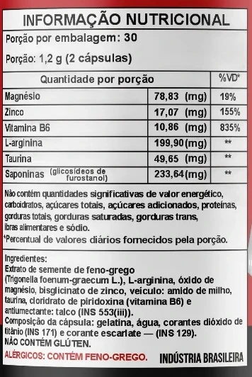 Tabela nutricional e ingredientes do rótulo do Testo Red